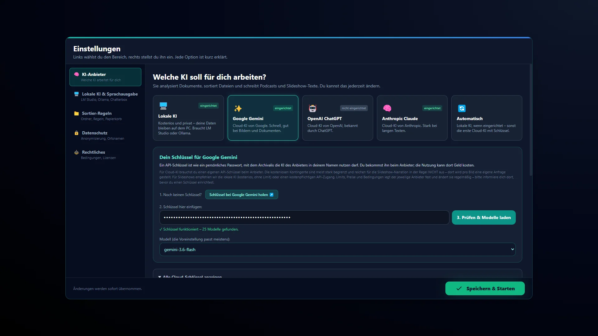 Einstellungen „Welche KI soll für dich arbeiten?“: Karten für lokale KI, Google Gemini, OpenAI ChatGPT, Anthropic Claude und Automatisch