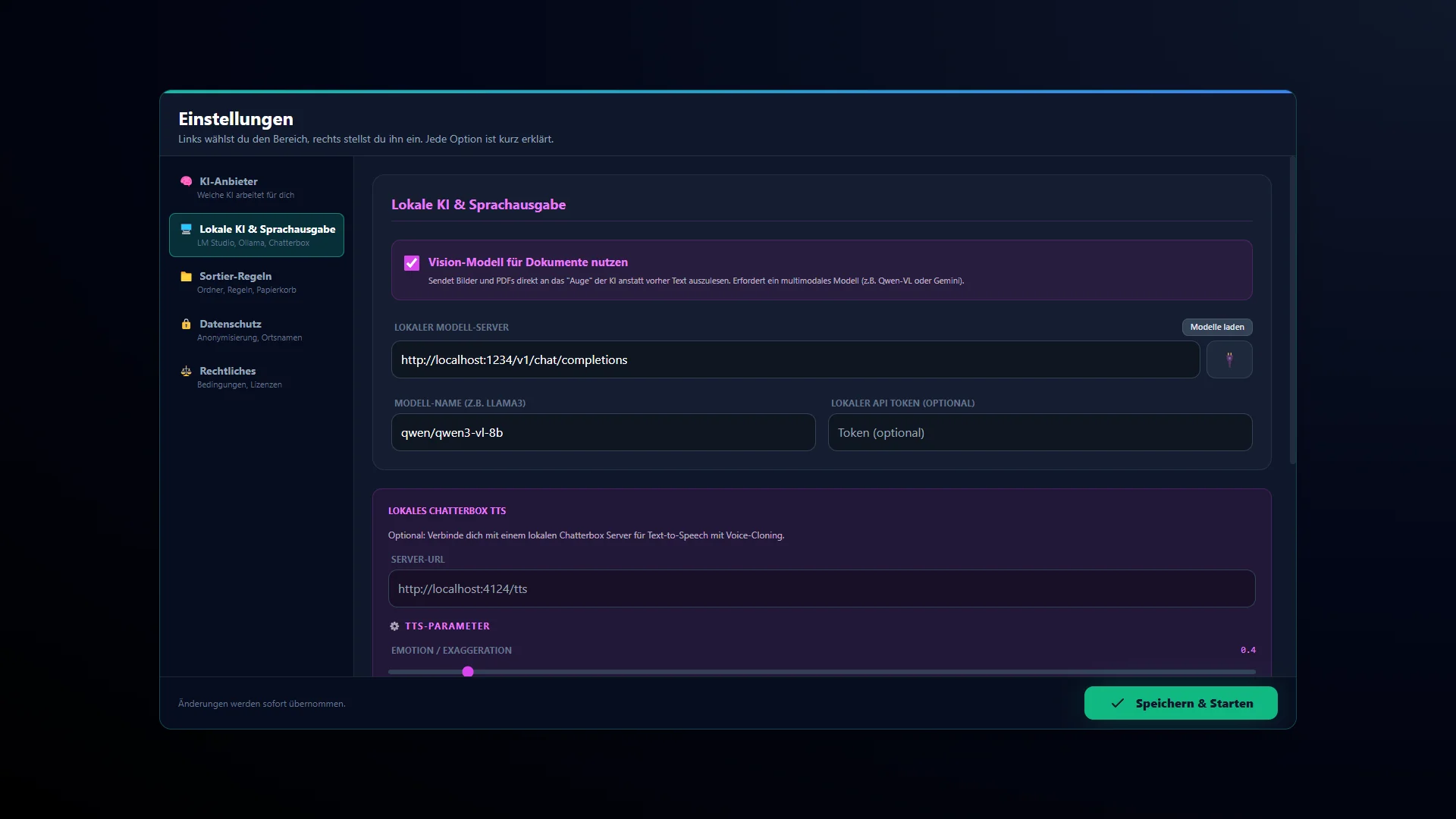 Einstellungen „Lokale KI & Sprachausgabe“: Adresse des lokalen Modell-Servers, Modellname und Vision-Option