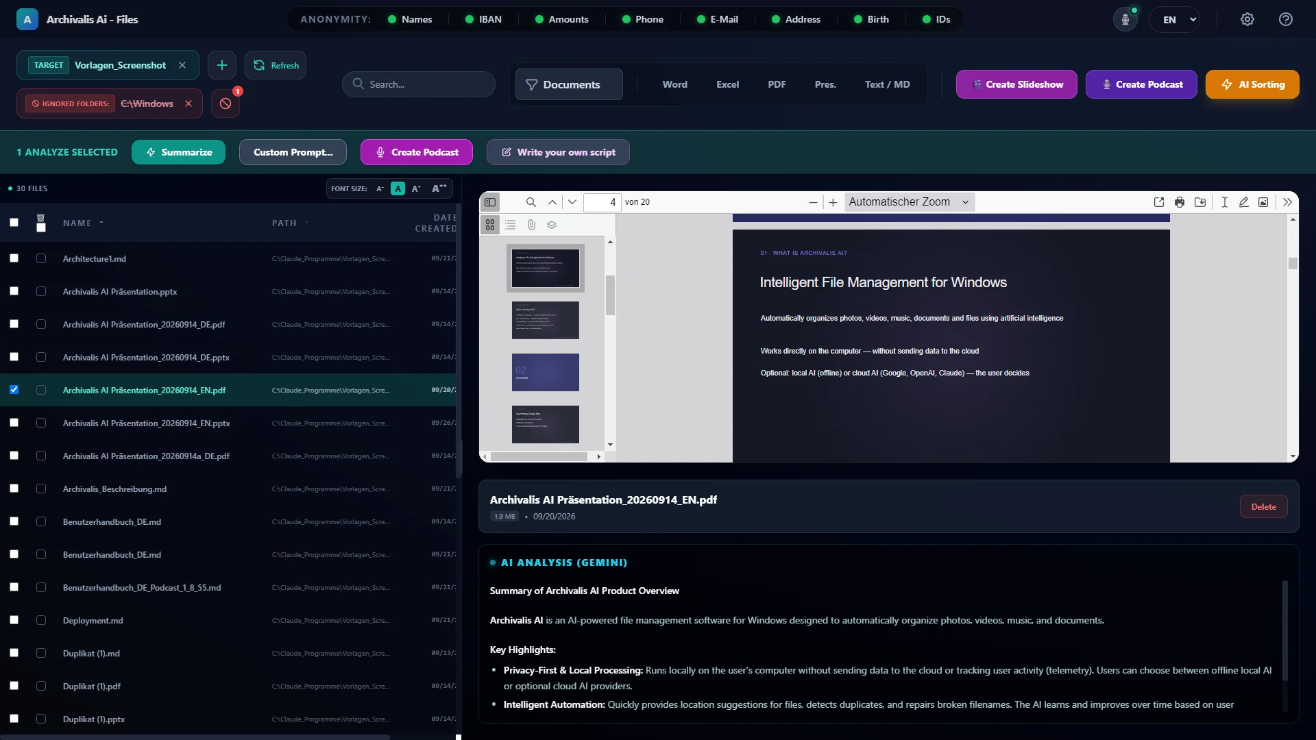 Archivalis AI – Files main window: file list on the left, a PDF presentation preview on the right, the AI summary of the document below, the anonymization bar at the top