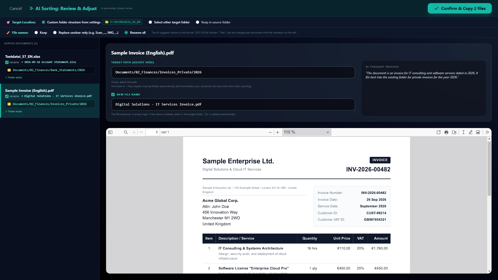 AI sorting review window: sorted documents on the left, target folder, new file name, AI reasoning and an invoice preview on the right
