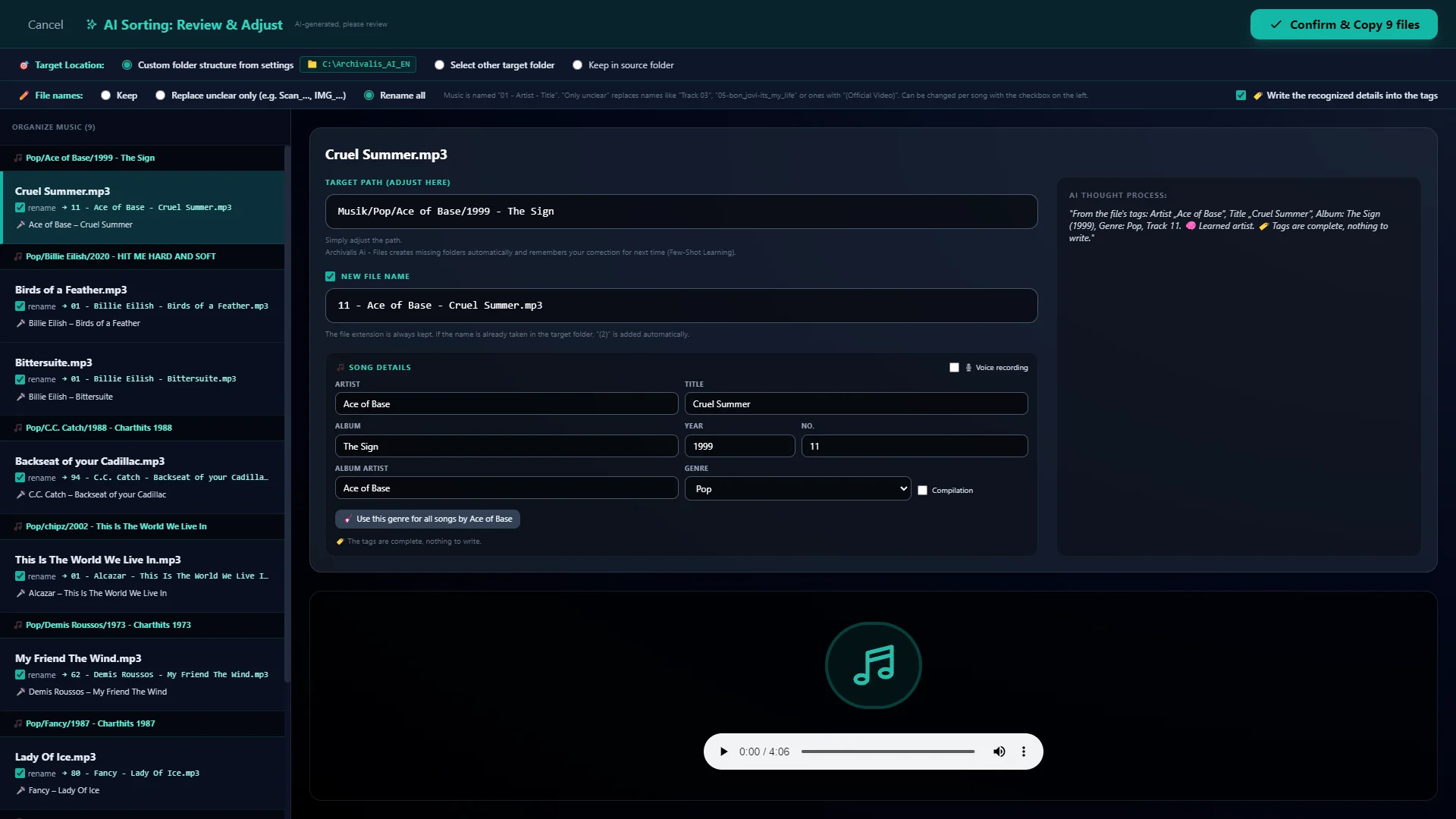 Music sorting: songs grouped by album, with target folder, new file name and the recognized song details on the right