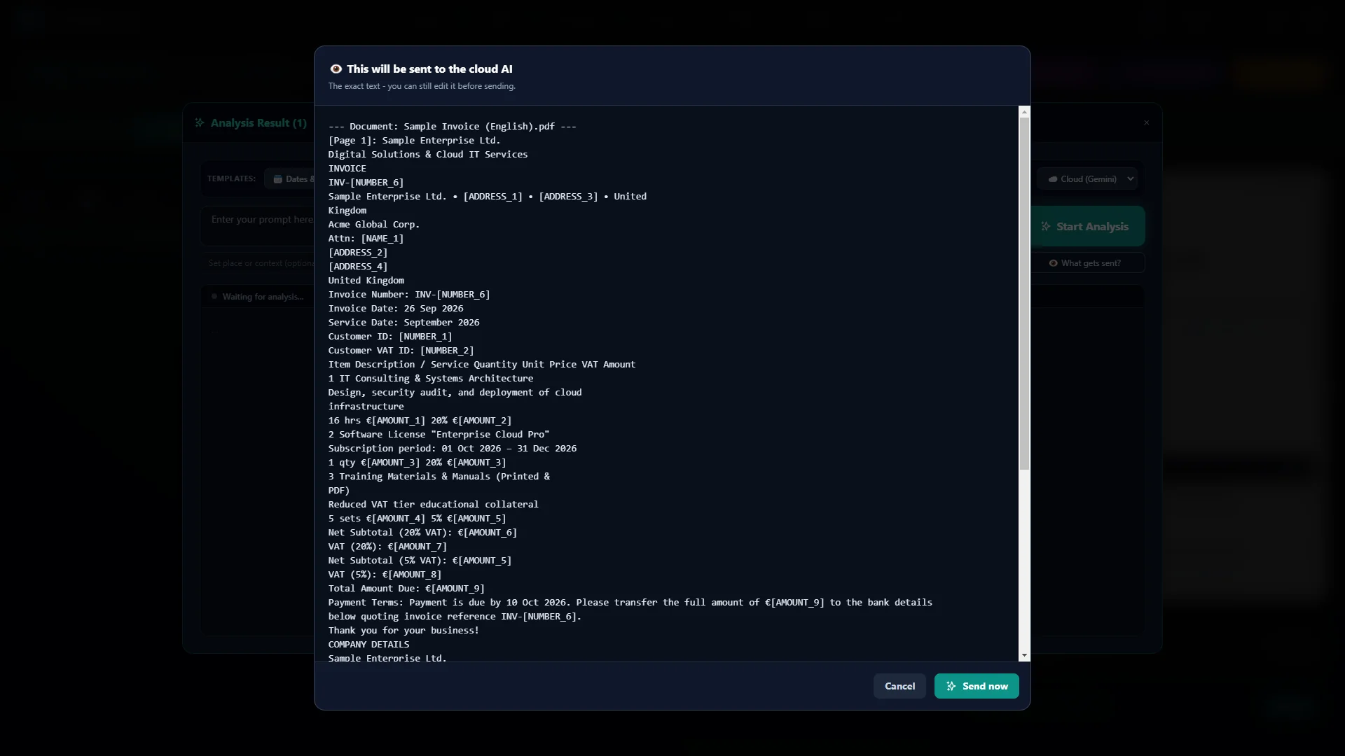 Preview “This will be sent to the cloud AI”: a sample invoice with names, addresses and amounts replaced by placeholders