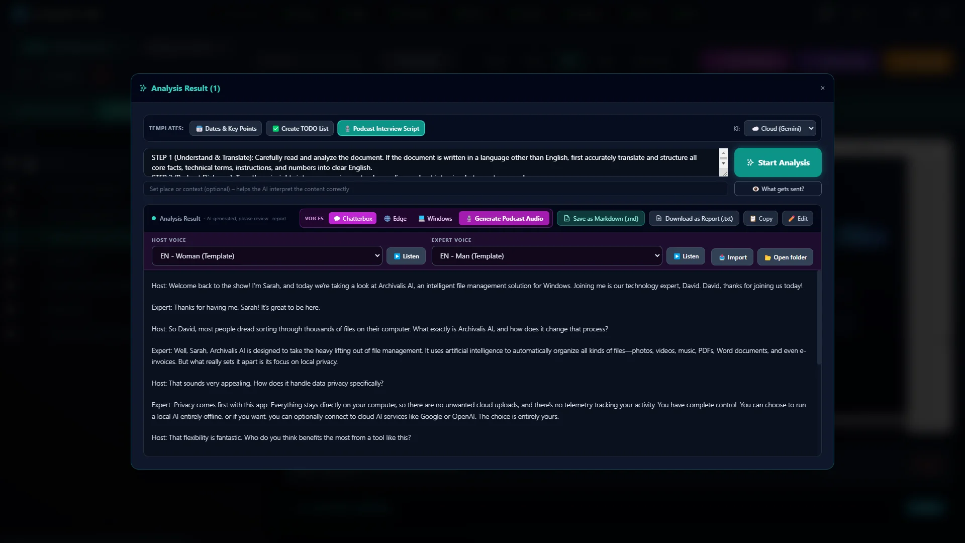 Podcast studio: voice selection for host and expert, with the conversation script below