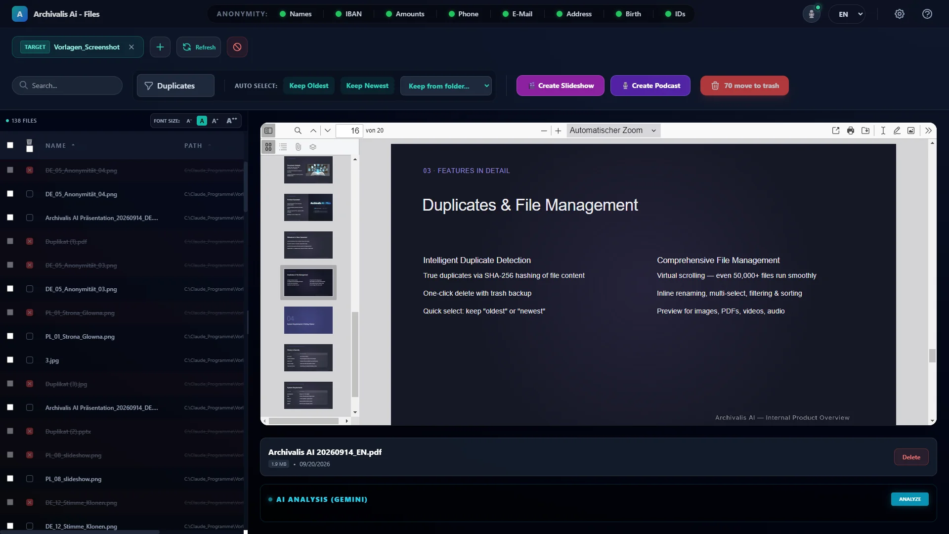 Duplicate view: marked duplicates in the file list, with “Keep oldest” and “Keep newest” buttons