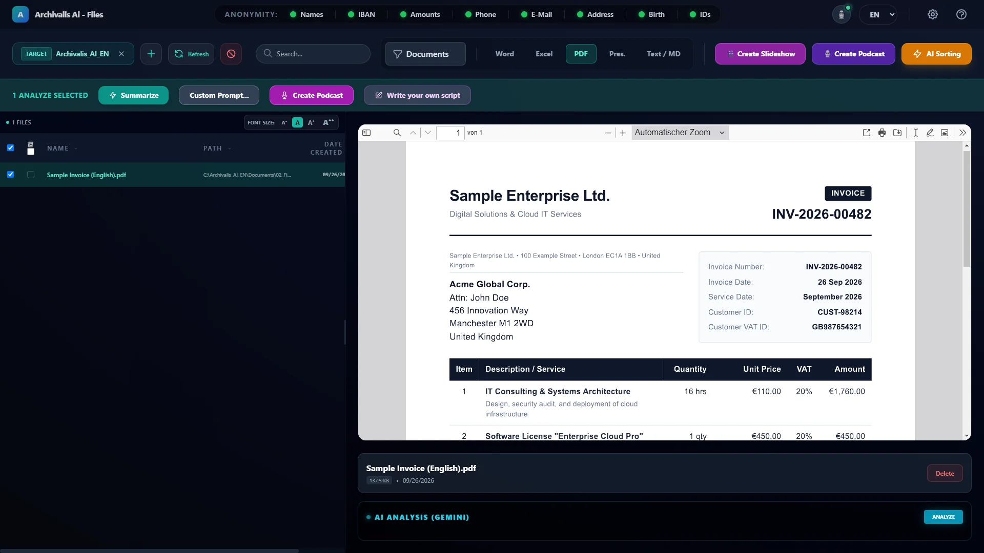 Document view: an English sample invoice in the built-in PDF preview, with summary and podcast buttons above