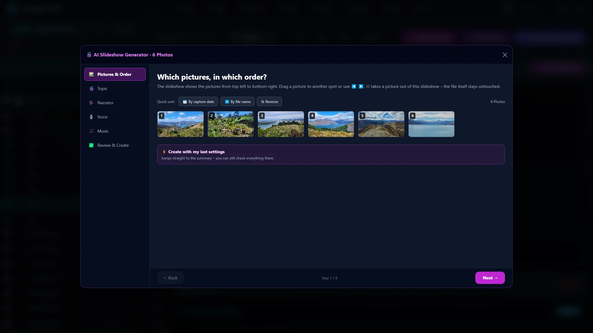 Slideshow step 1: six thumbnails in a row, with quick sort by date or file name above