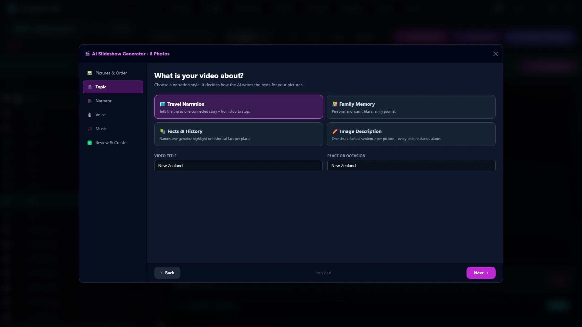 Slideshow step “What is your video about?” with four narration styles, video title and place