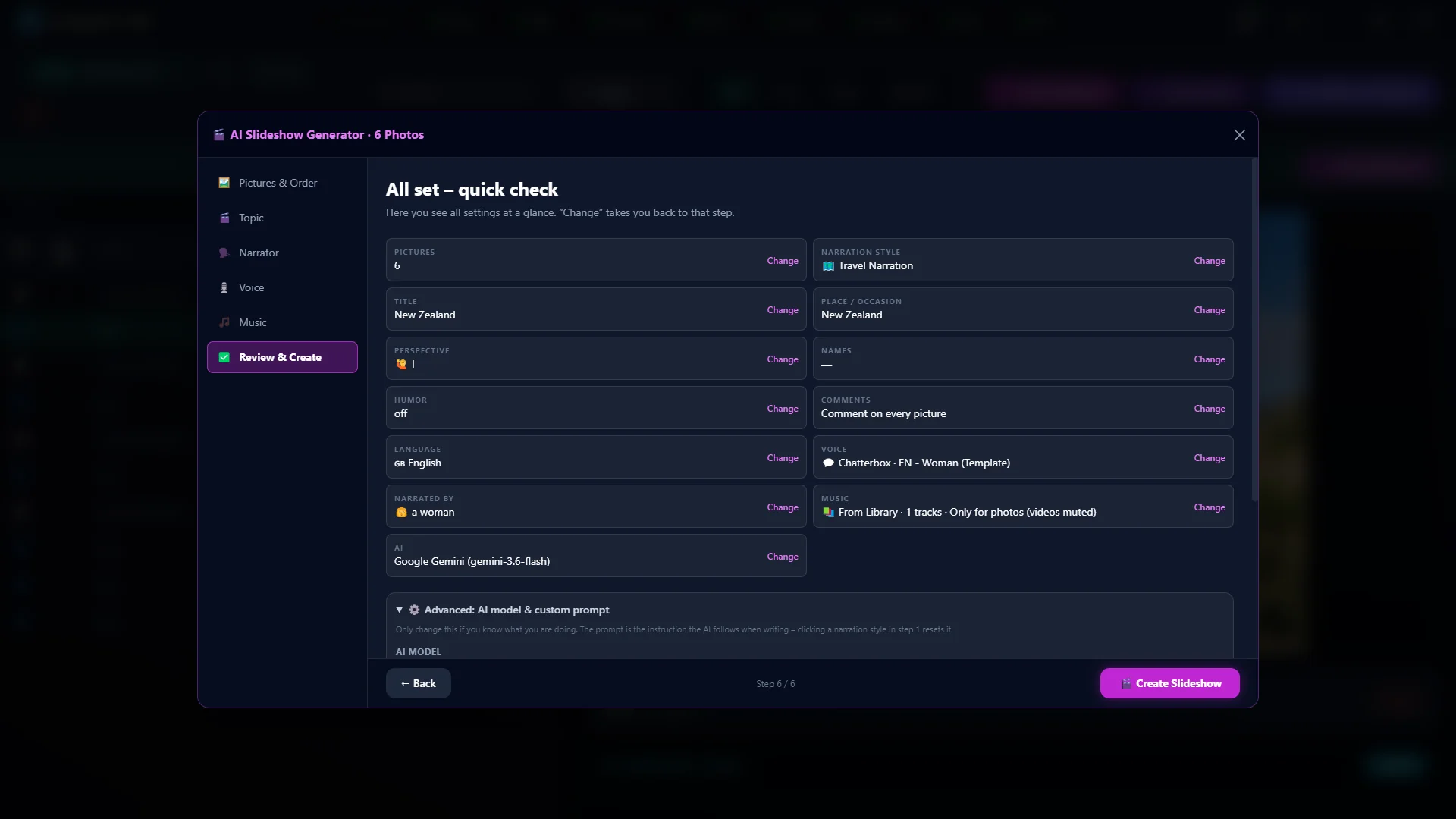 Slideshow step “All set – quick check”: overview of all settings with change buttons