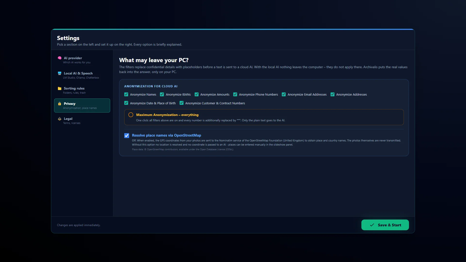 Settings “What may leave your PC?”: eight anonymization filters and the “Maximum anonymization” switch