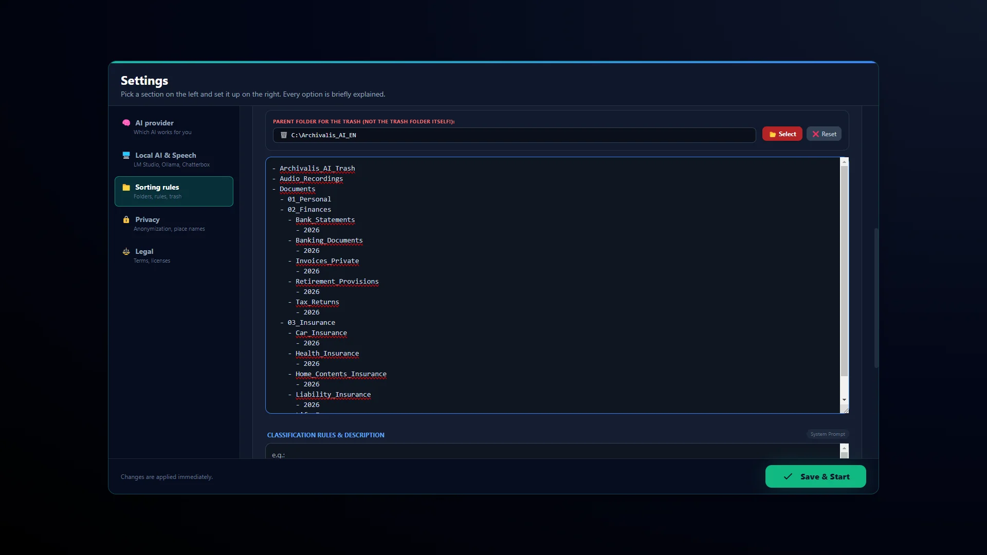 “Sorting rules” settings: your own folder structure with subfolders by topic and year