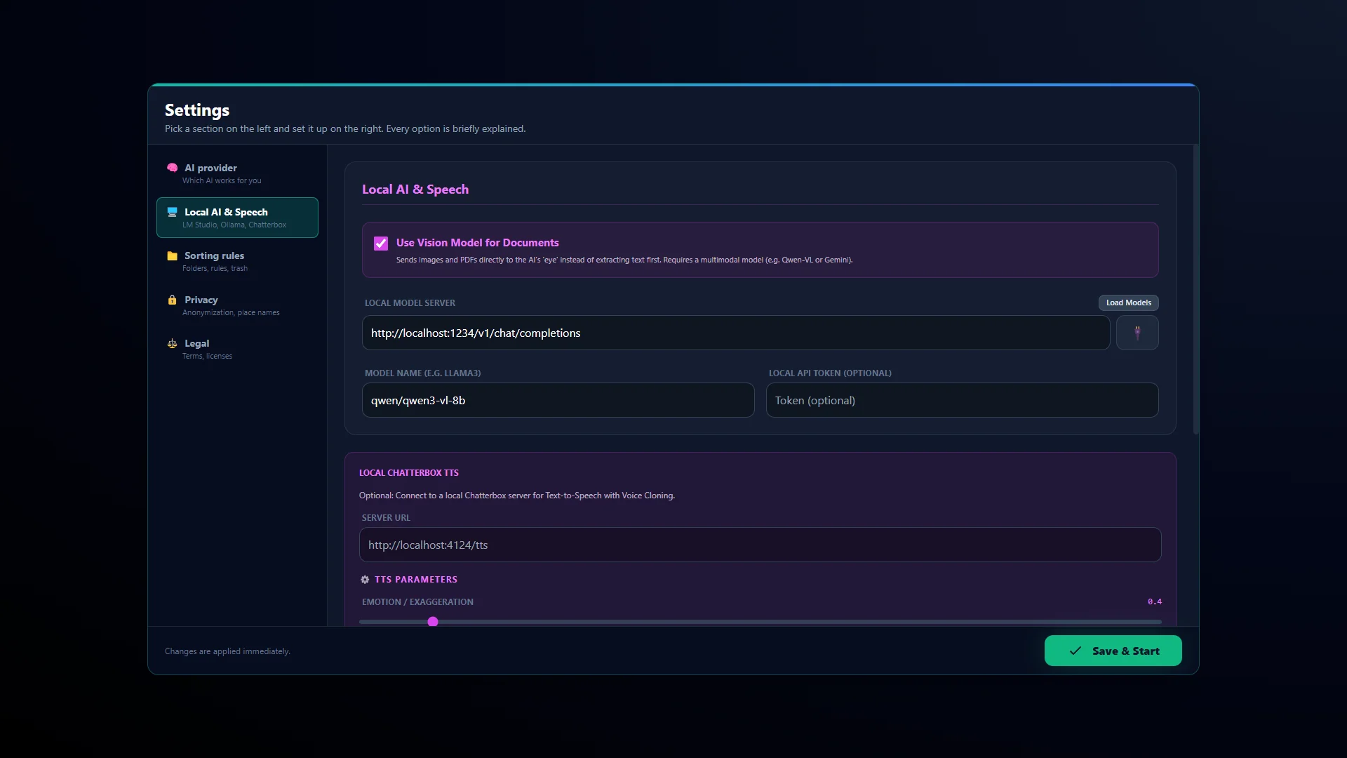 “Local AI & Speech” settings: local model server address, model name and vision option